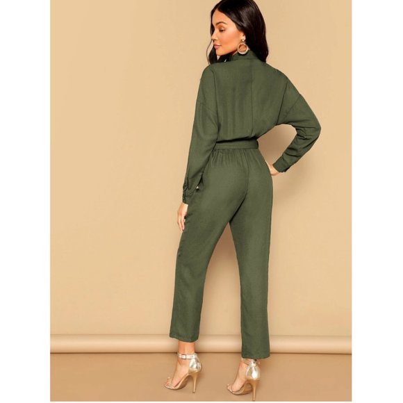 Drop Shoulder Asymmetrical Button Front Belted Jumpsuit - Picture 2 of 14
